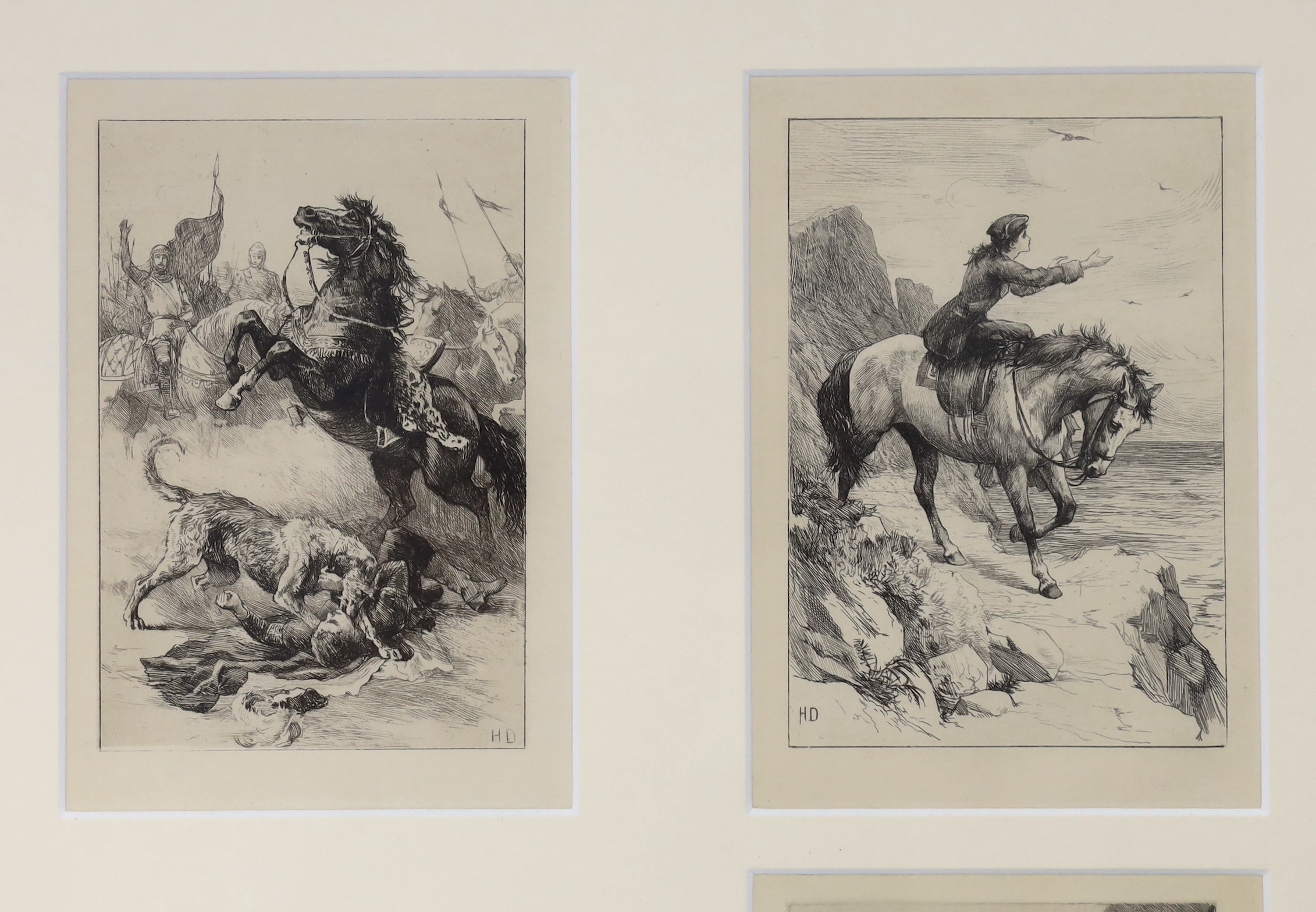 Herbert Dicksee (1862-1942), four etchings, Illustrations for the Waverley Novels. Sir Walter Scott, framed as one, each 16 x 10.5cm